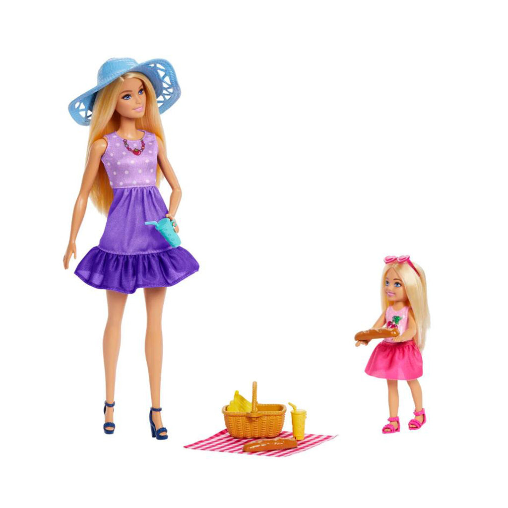 Barbie og Chelsea dukker picnic sæt på hvid baggrund