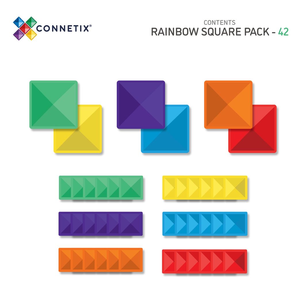 Connetix Square Pack, Magnetisk byggesett med 42 deler - Rainbow