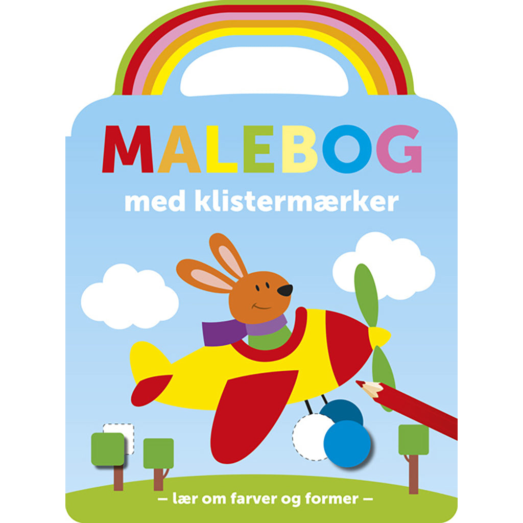 Malebog med klistermærker, kanin flyver i et gult fly