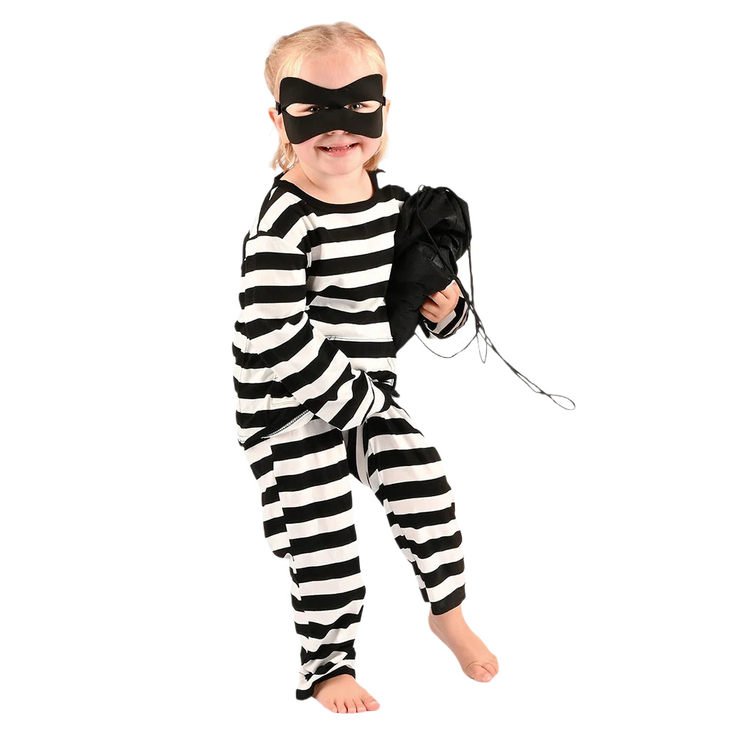 Den goda Fen udklædning Bandit, stribet dragt og sort maske til børn