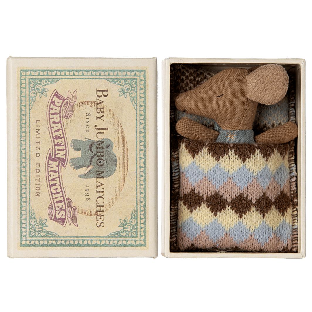 Maileg Sovende/våken babymus i fyrstikkeske - Blå