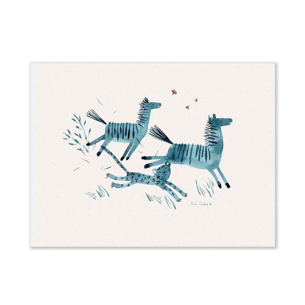 Moulin Roty plakat med to zebraer hohopper i junglen