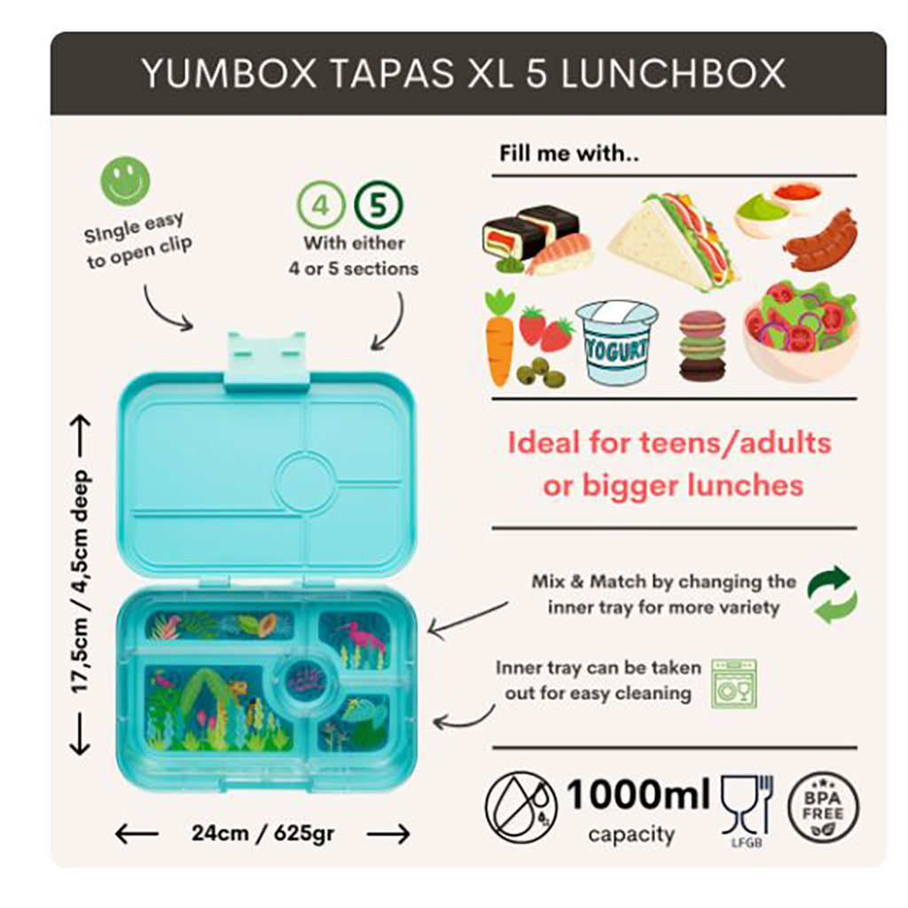Yumbox XL matboks med 5 rom, Tapas - Jungle/Pastel Blue