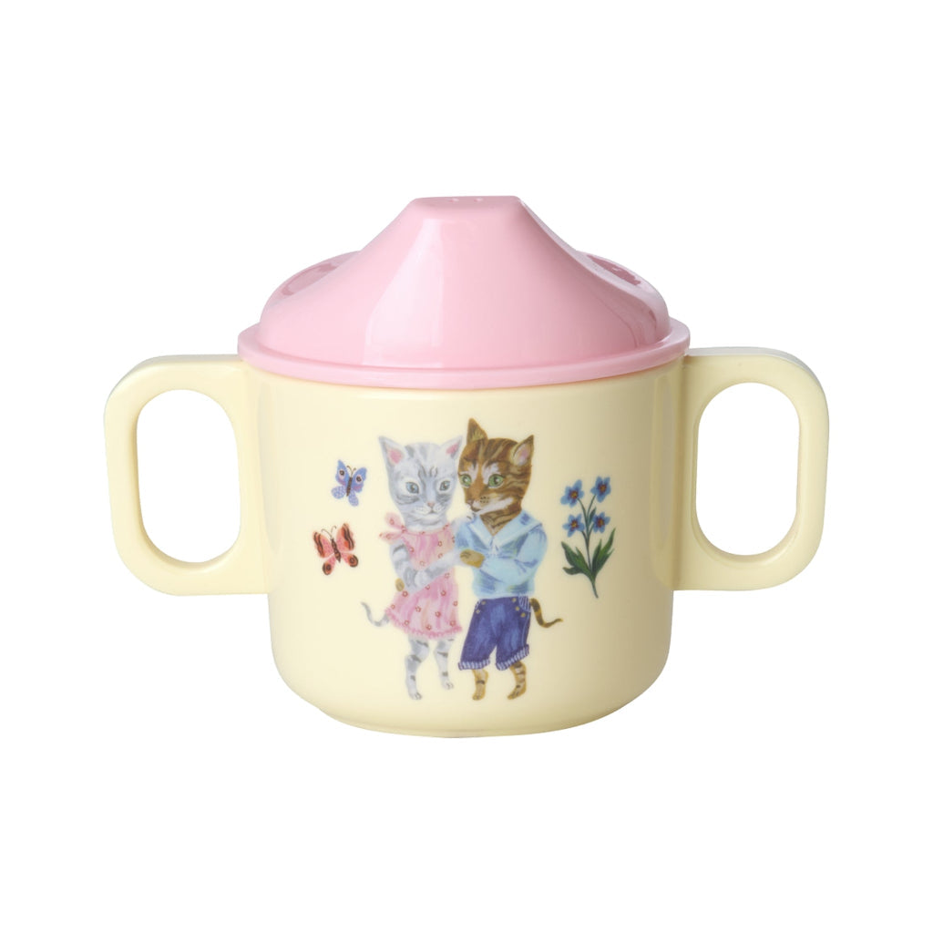 Babykop i melamin med to hanke, pink låg, og Nathalie Lété print