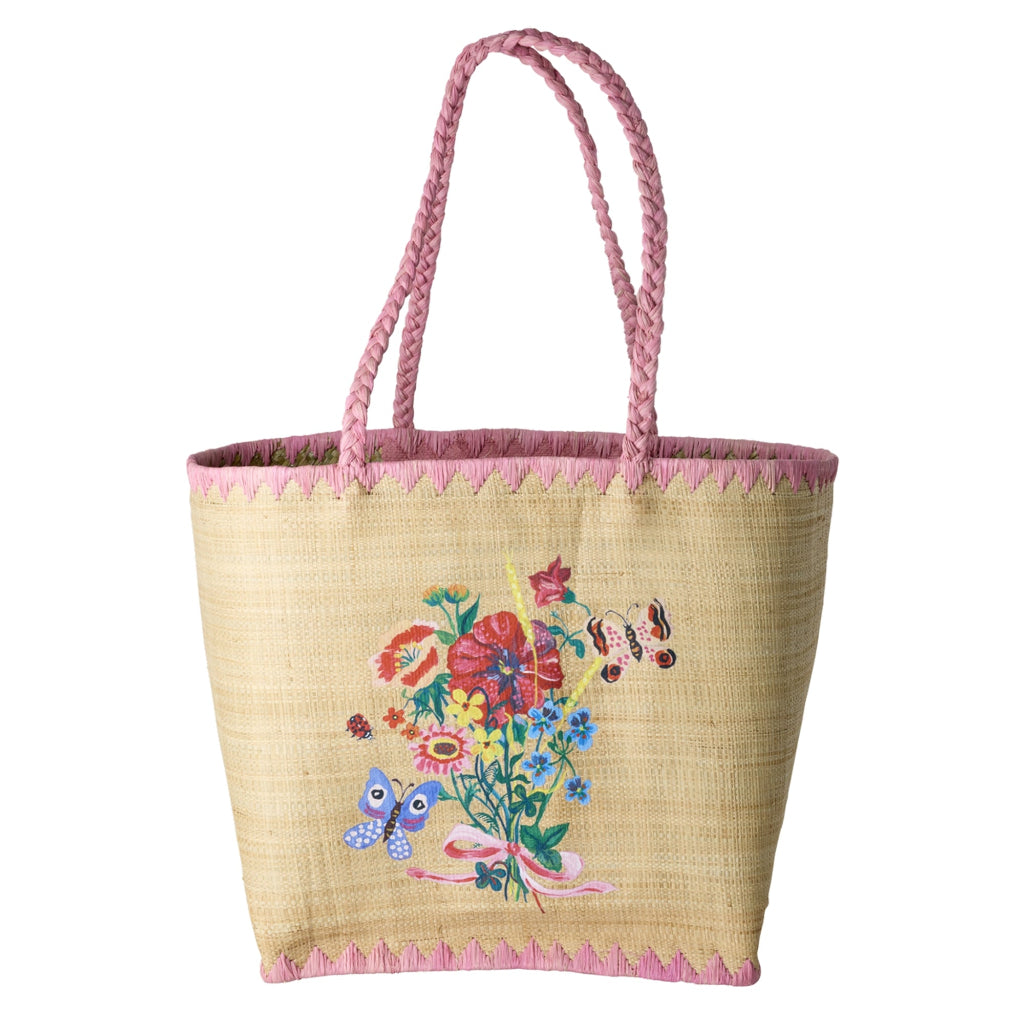 Rice kurvetaske, stor raffia, pink, med Nathalie Lété Print