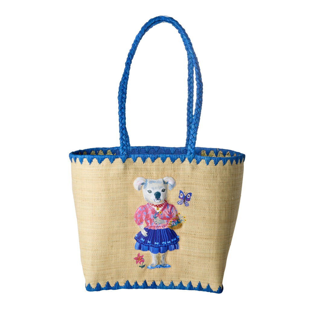 Rice kurvetaske, mellem, raffia, blå med Nathalie Lété koalaprint