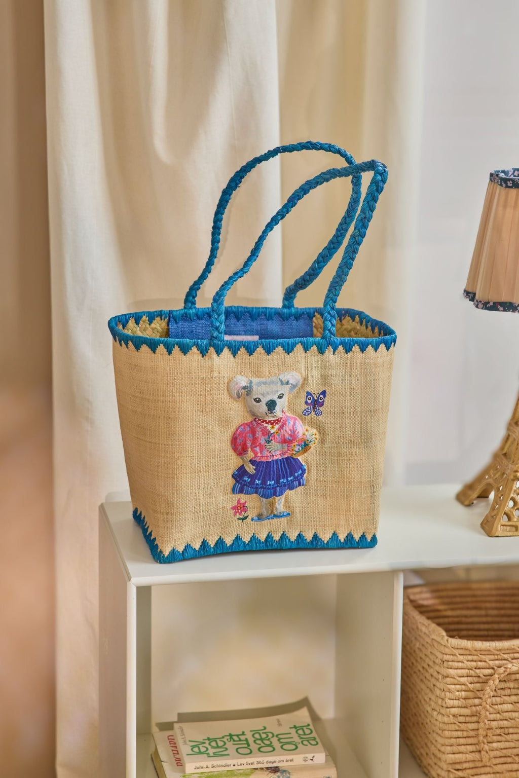Rice kurvetaske, medium Raffia, blå – Nathalie Lété Print