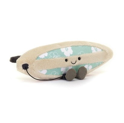 Jellycat Amuseable Sports Surfboard bamse 27 cm i brun og mintgrøn farve.
