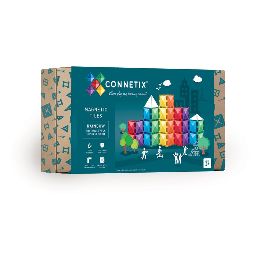 Connetix magnetisk byggesett Rectangle Pack 18 deler regnbue på hvit bakgrunn.