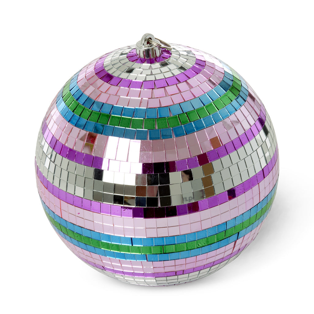 Rice discokugle med funky striber i pink, grøn og lilla, 25 cm.