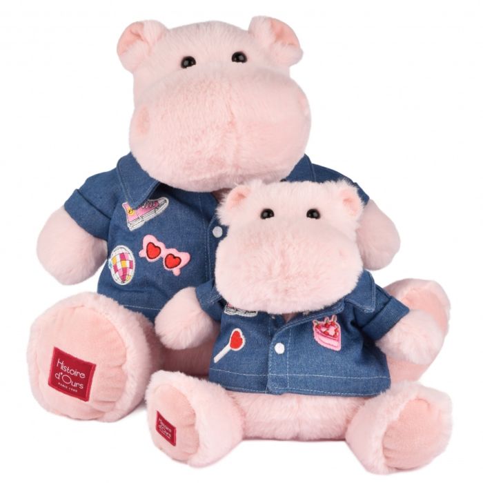 Doudou et Compagnie Flodhest bamse, Lyserød med denimjakke – 20 cm