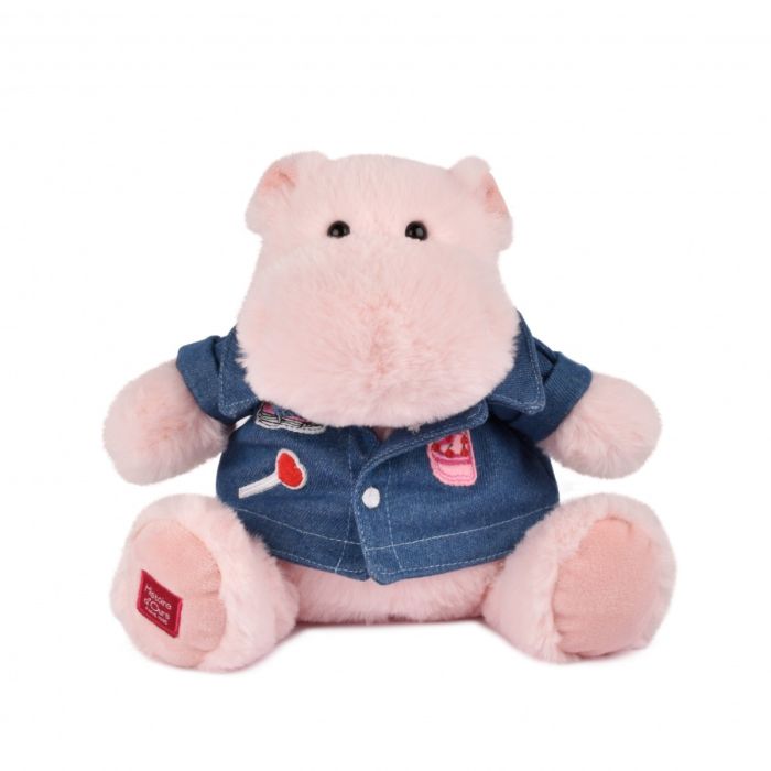 Doudou et Compagnie flodhest bamse, lyserød med denimjakke, 20 cm