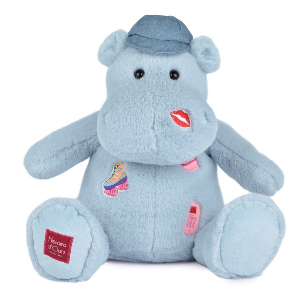 Doudou et Compagnie Flodhest bamse, blå med broderte stickers – 38 cm