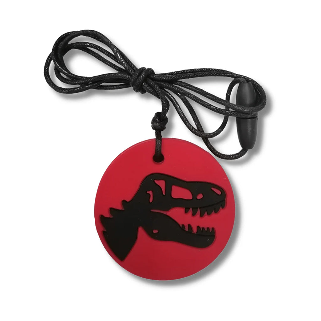Rød dinosaurus tyggehalskæde fra JellyStone Designs, medium sensorisk