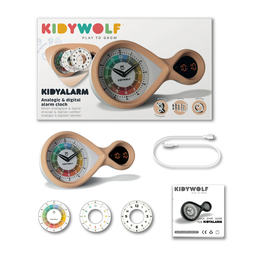 Kidyalarm vekkerklokke for barn med analog urskive og digital visning, Brun
