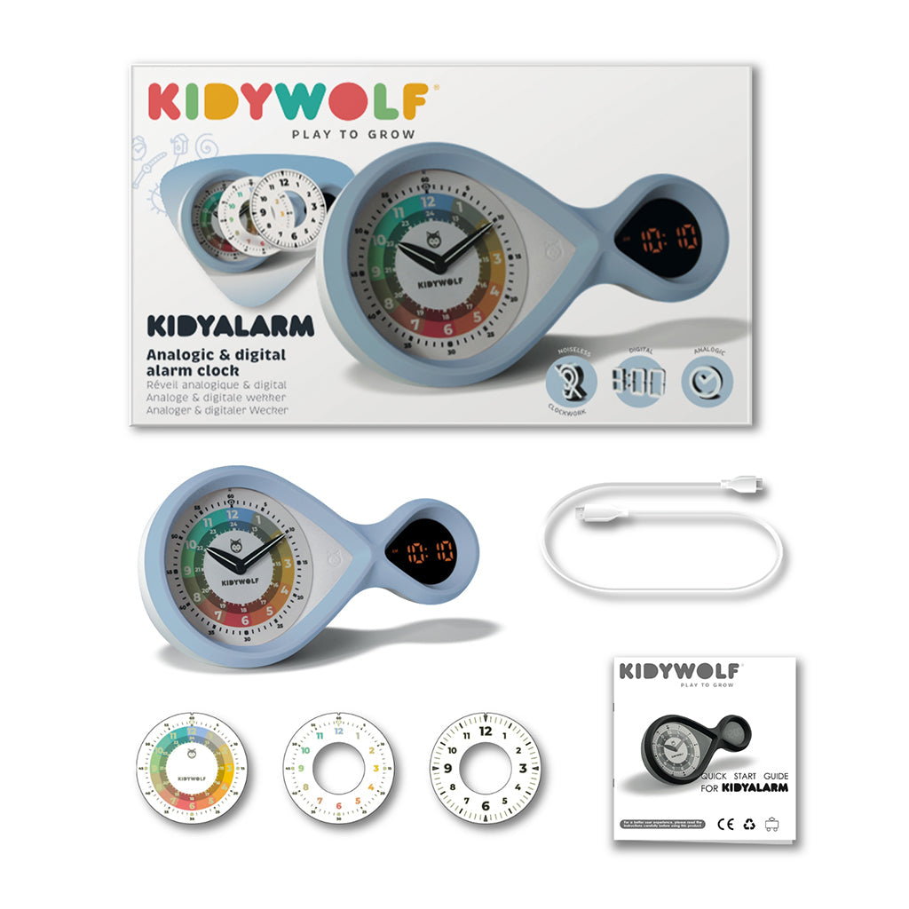 Kidyalarm vekkerklokke for barn med analog urskive og digital visning, Blå
