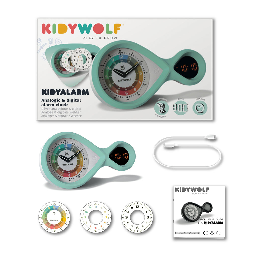 Kidyalarm vekkerklokke for barn med analog urskive og digital visning, Grønn