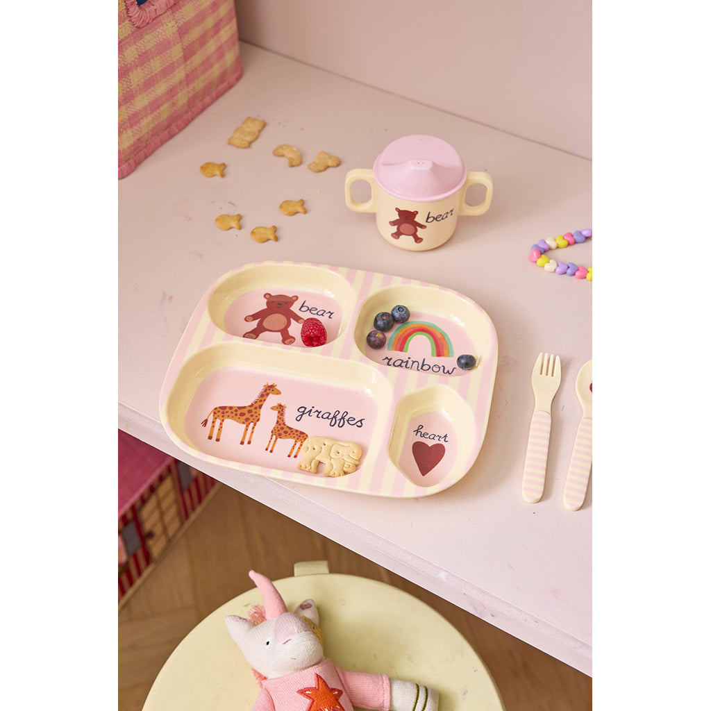 Rice 4-delt barnetallerken i melamin, Pink ABC print