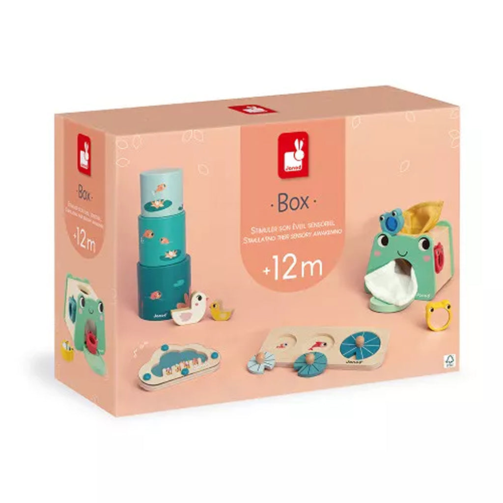 Janod babylegetøj box med 4 sanselegetøj fra 12 måneder