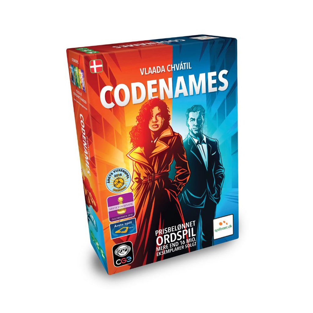 Codenames brætspil kasse med røde og blå agentfigurer