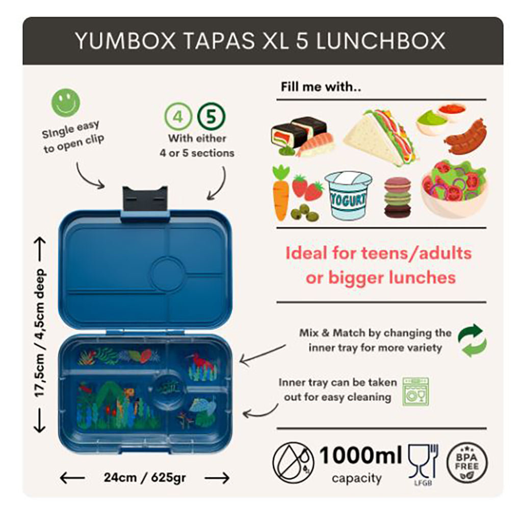Yumbox XL matboks m. 5 rom, Tapas - Jungle/ Blue