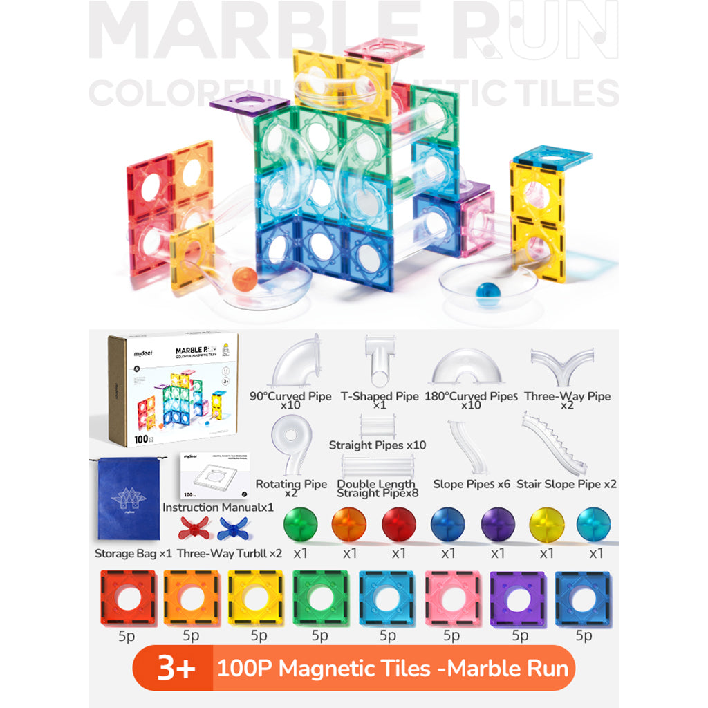 Mideer magnetiske byggeplater med kulebane, 100 deler
