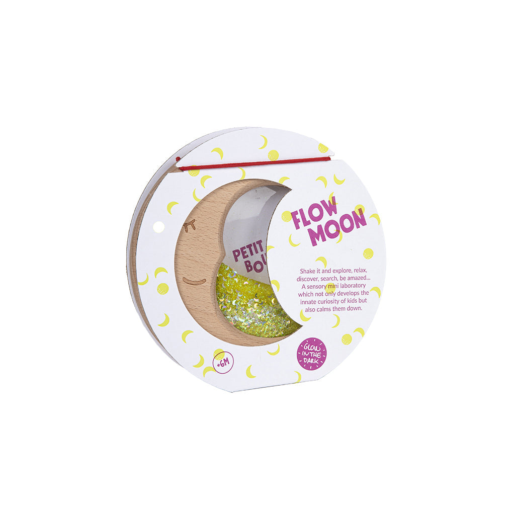 Petit Boum sanseleketøy, tremåne med flytende væske og glitter - Sensory moon