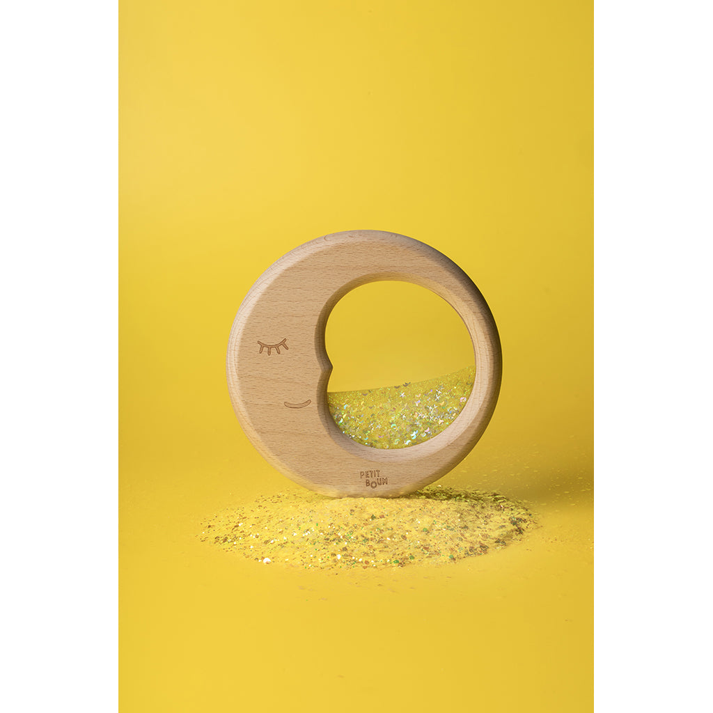 Petit Boum sanseleketøy, tremåne med flytende væske og glitter - Sensory moon