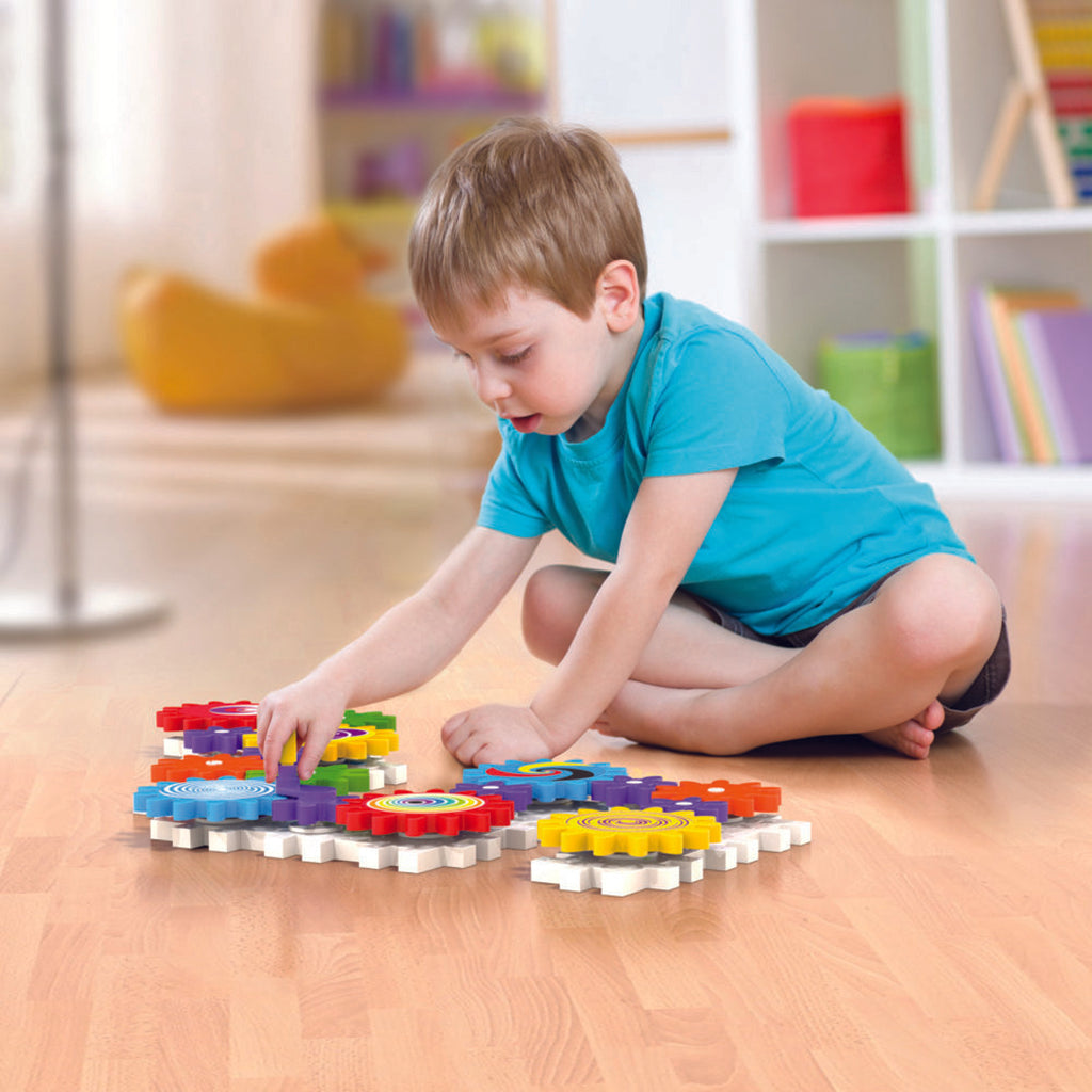 Quercetti Kaleido Gears byggesett med tannhjul.