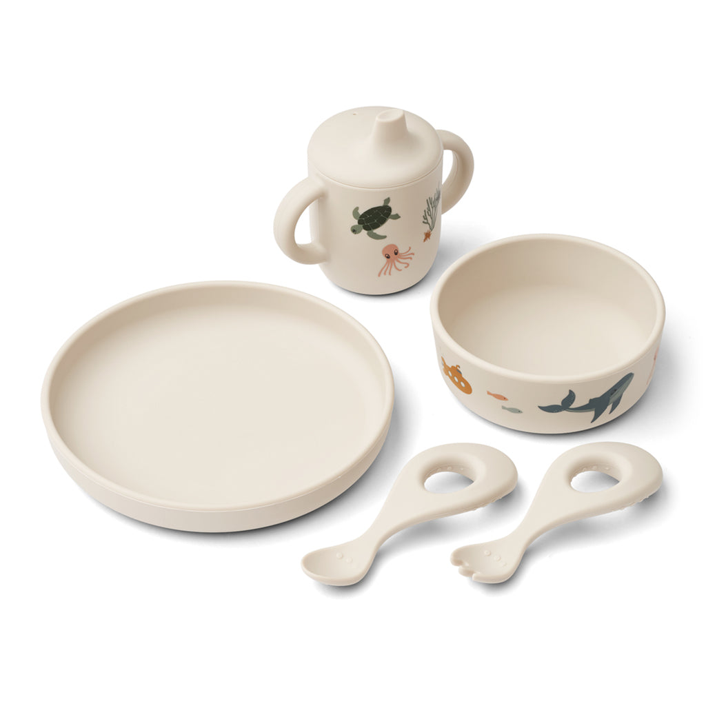 Liewood Ryle printet silikon babyservise, 5 deler - Sea creature/Sandy