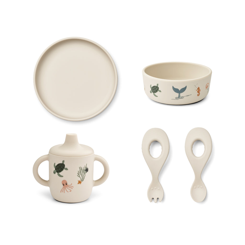 Liewood Ryle printet silikon babyservise, 5 deler - Sea creature/Sandy