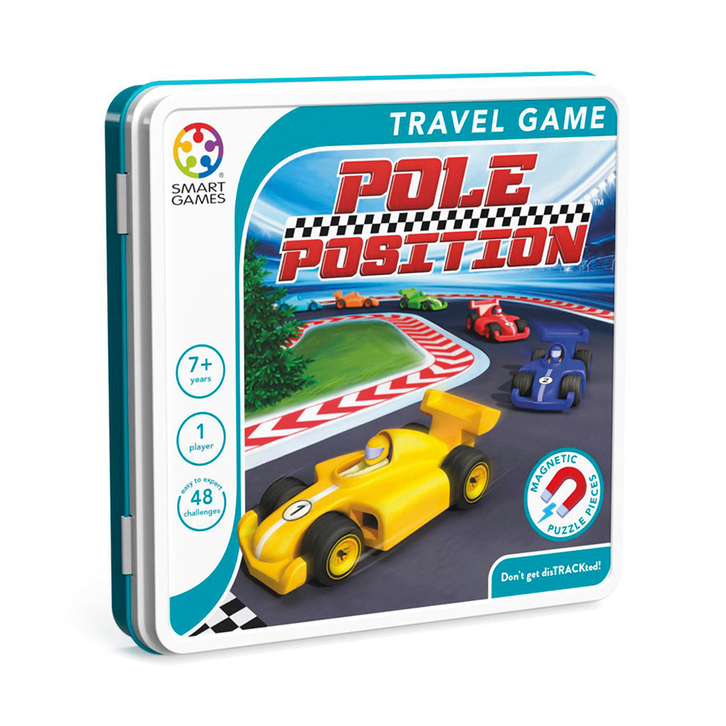 SmartGames magnetisk rejsespil Pole Position i metalæske med racebiler