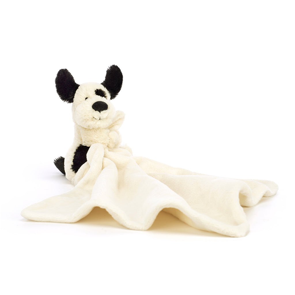 Baby Jellycat nusseklud, Bashful hund i sort og creme farver.