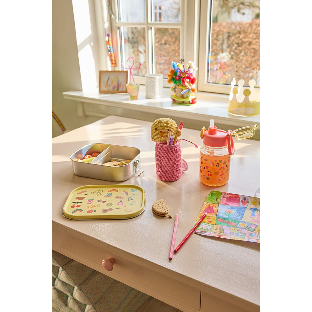 Rice matboks i rustfritt stål med skillevegg, stor - Soft yellow unicorn love print