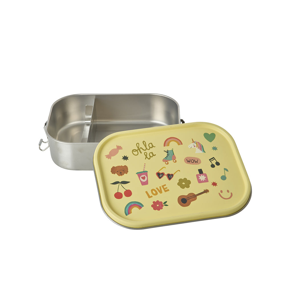 Rice matboks i rustfritt stål med skillevegg, stor - Soft yellow unicorn love print