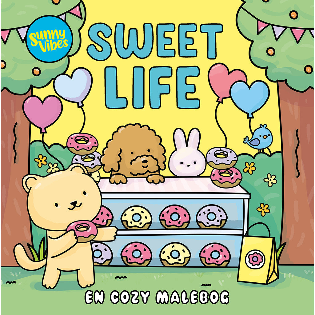 Omslag til Sunny Vibes, Sweet life - Cozy malebog med søde dyr og donuts