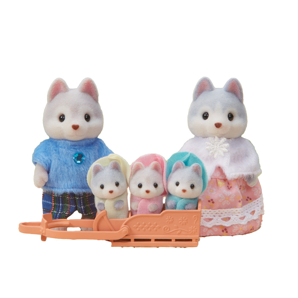 Sylvanian Families Husky-familie med far, mor og trillinger på slæde
