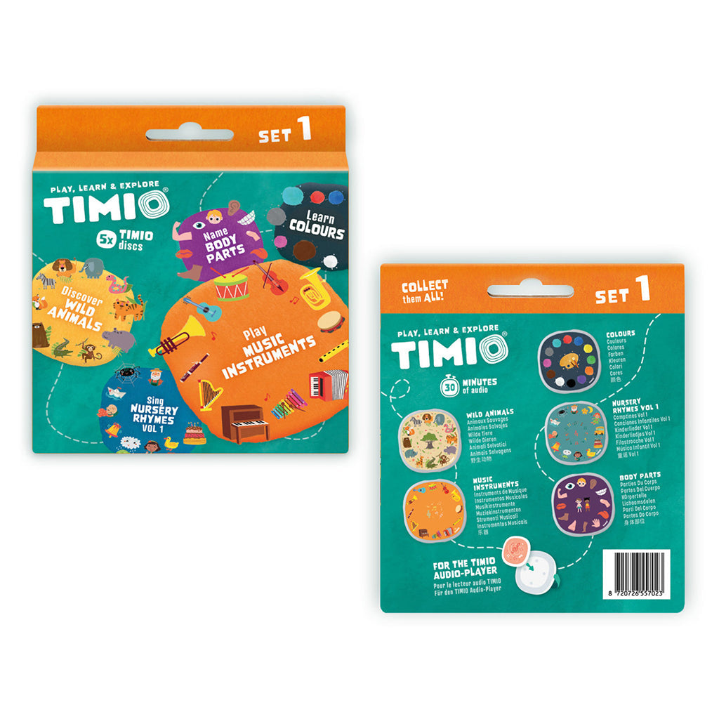 TIMIO Disc sett 1, Ville dyr, barnrim, farger, musikk og kroppens deler