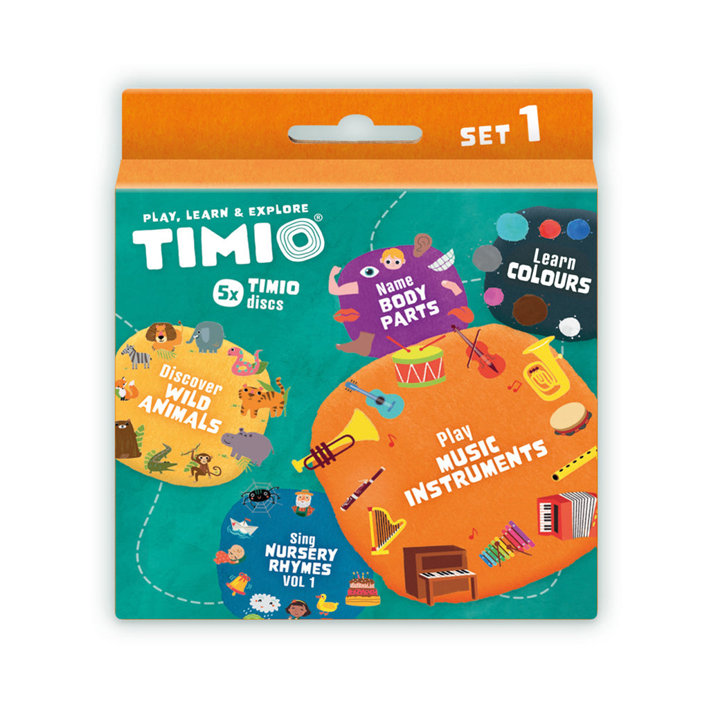 TIMIO Disc sett 1, Ville dyr, barnrim, farger, musikk og kroppens deler