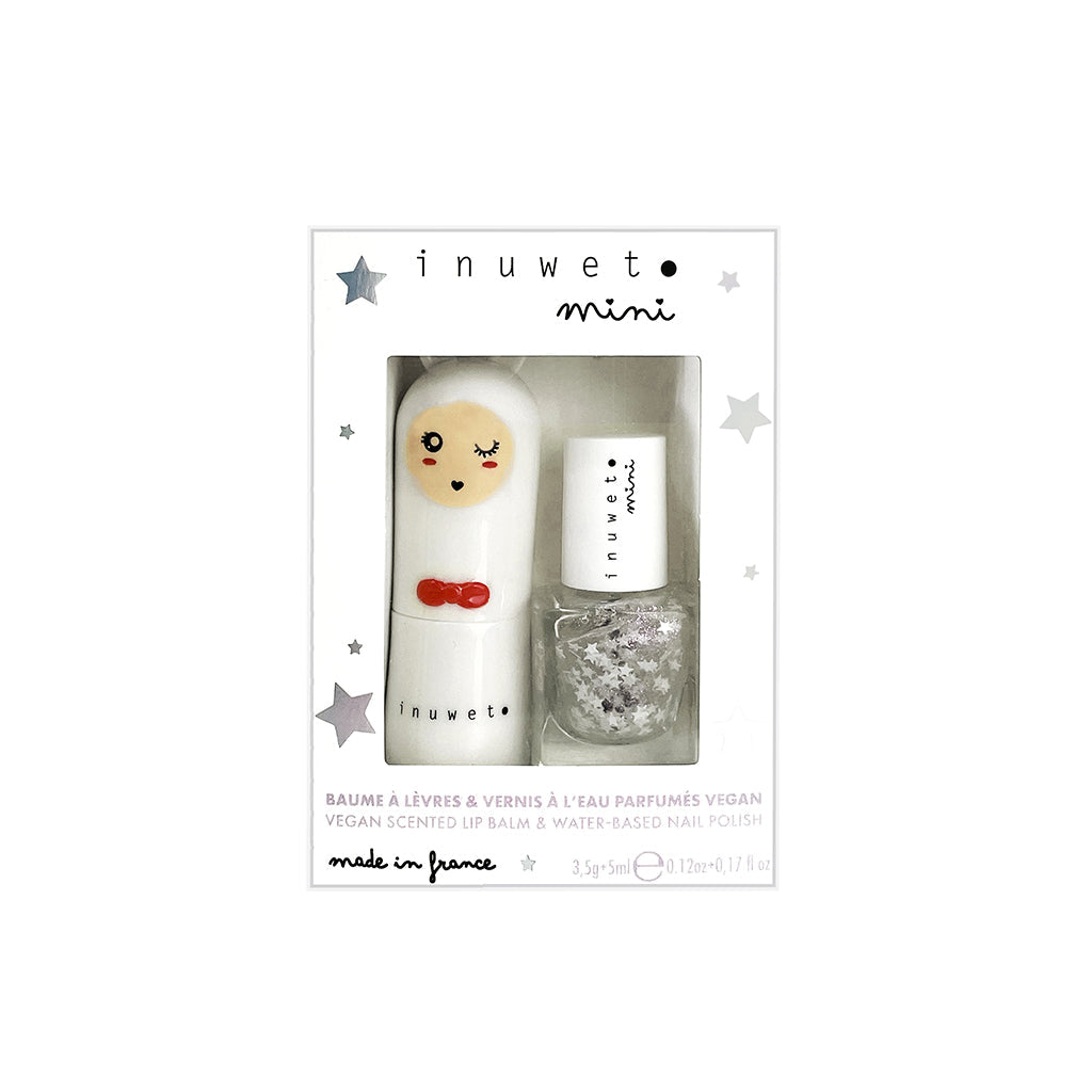 Inuwet Duo Aqua-sett, Leppepomade og Top Coat Stars Neglelakk for barn, White Candy