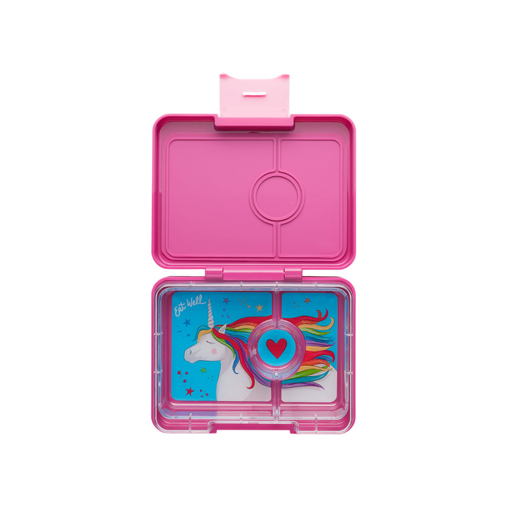 Yumbox madkasse i lilla med 3 rum, åben, med enhjørning og regnbue