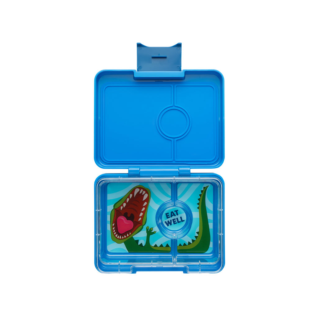 Yumbox madkasse med 3 rum, Snack - Surf blue/ Dinosaur, åben