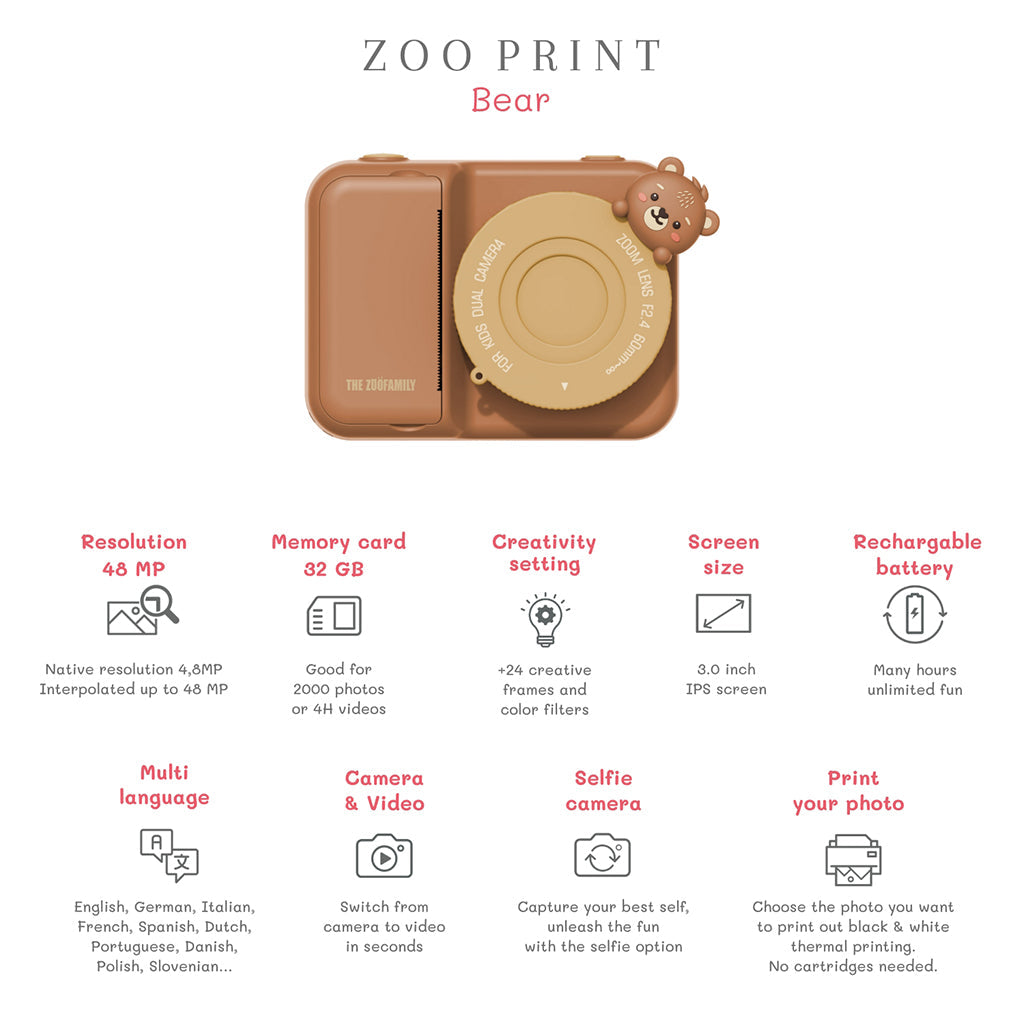The ZooFamily, Zoo Print, 3-i-1 kamera med utskriftsfunksjon, 5–11 år - Bjørn