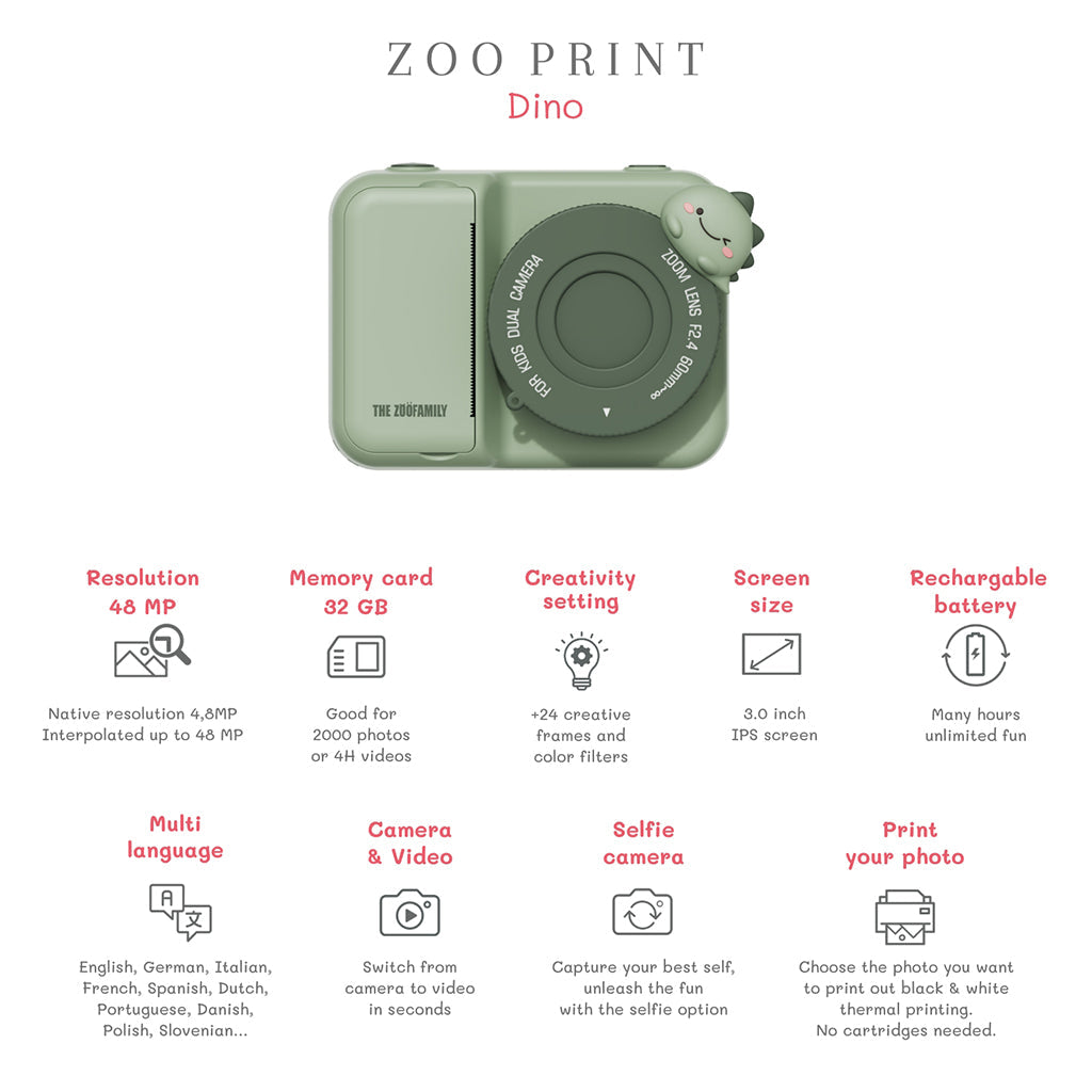 The ZooFamily, Zoo Print, 3-i-1 kamera med utskriftsfunksjon, 5-11 år - Dino