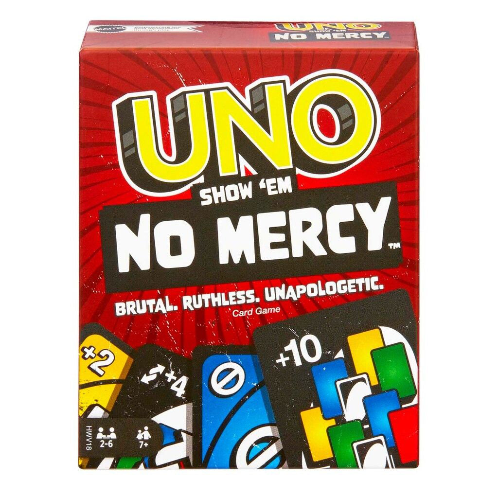 Uno No Mercy kortspil rød æske med sort tekst og farverige kort