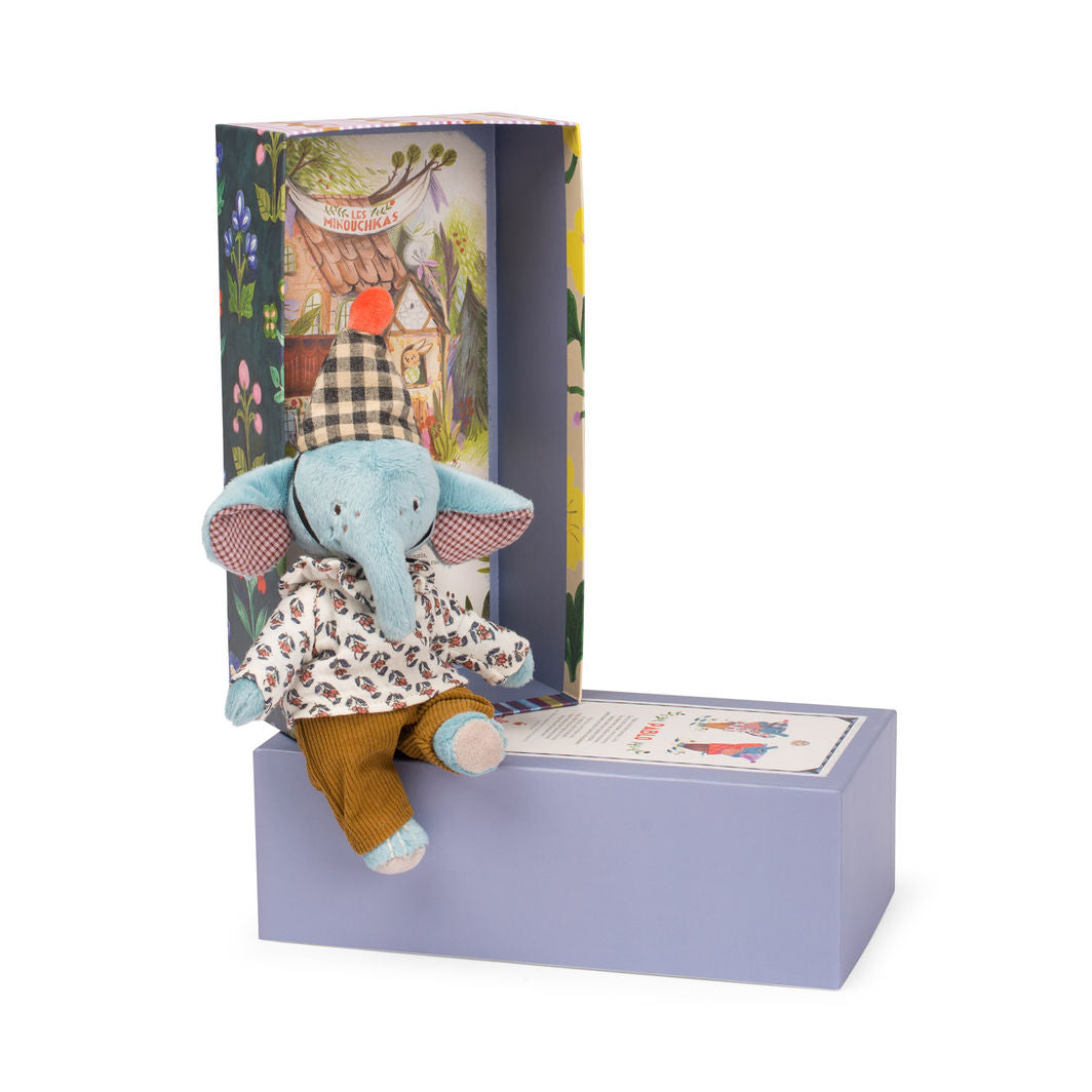 Moulin Roty tøjdyr elefant Pablo Les Minouchkas, med spids hat og skjorte