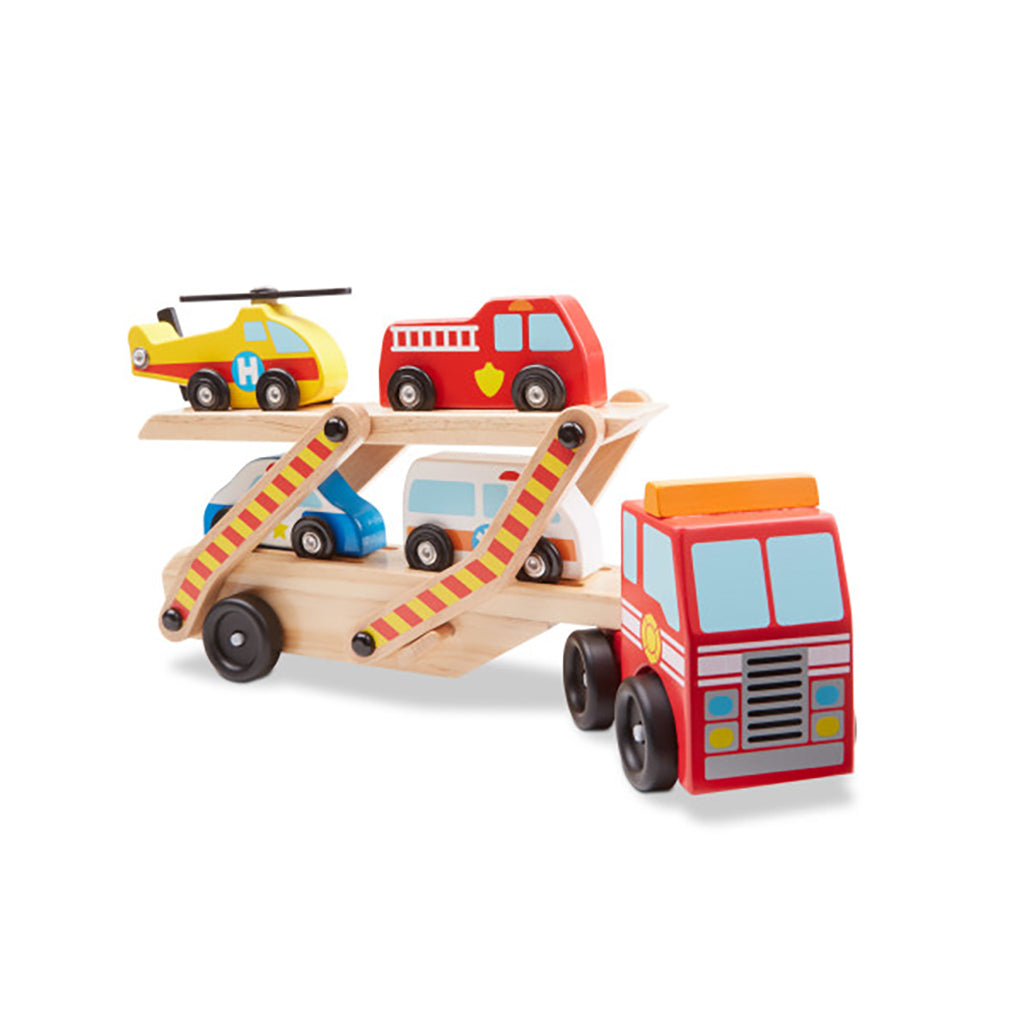 Melissa & Doug træbiltransporter med brandbil og redningshelikopter