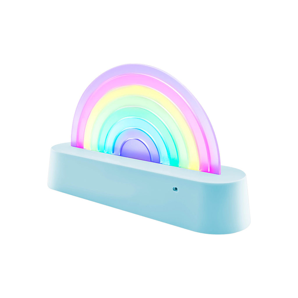 Lalarma Dancing Rainbow lampe i blå, med flerfarvede lysbuer