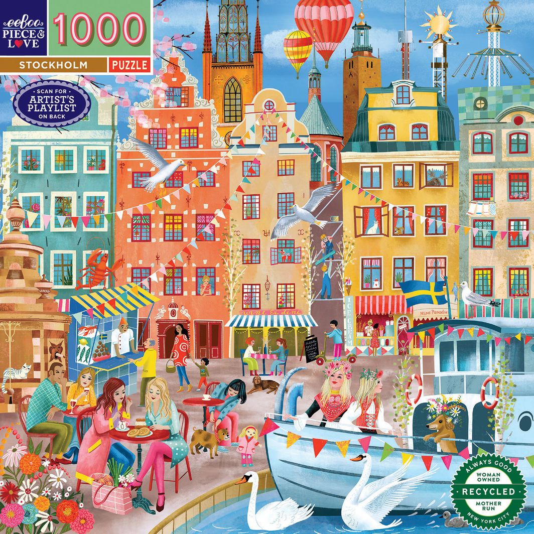 eeBoo Puslespil 1000 brikker, Stockholm bylandskab med farverige huse og både.