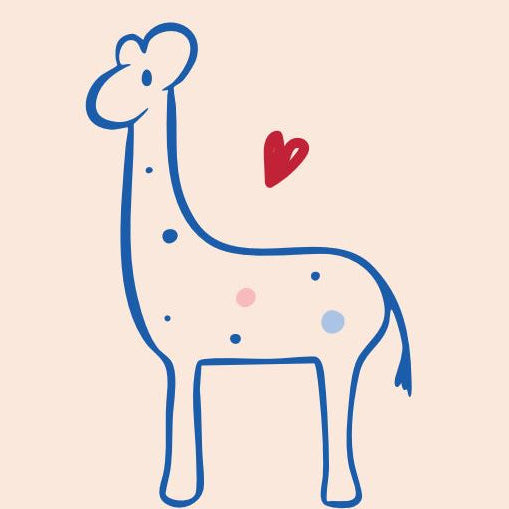 Illustration af giraf med hjerte og farvede pletter